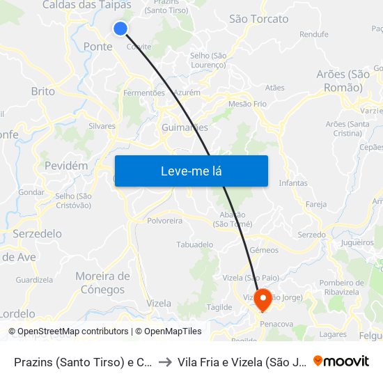 Prazins (Santo Tirso) e Corvite to Vila Fria e Vizela (São Jorge) map