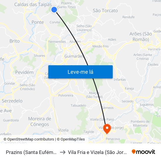 Prazins (Santa Eufémia) to Vila Fria e Vizela (São Jorge) map