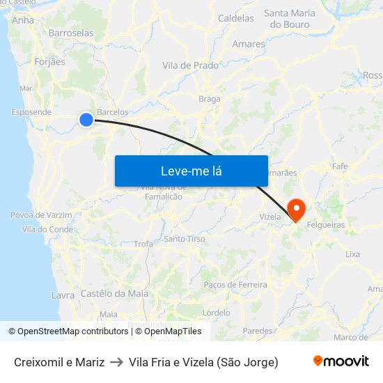 Creixomil e Mariz to Vila Fria e Vizela (São Jorge) map