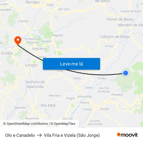 Olo e Canadelo to Vila Fria e Vizela (São Jorge) map