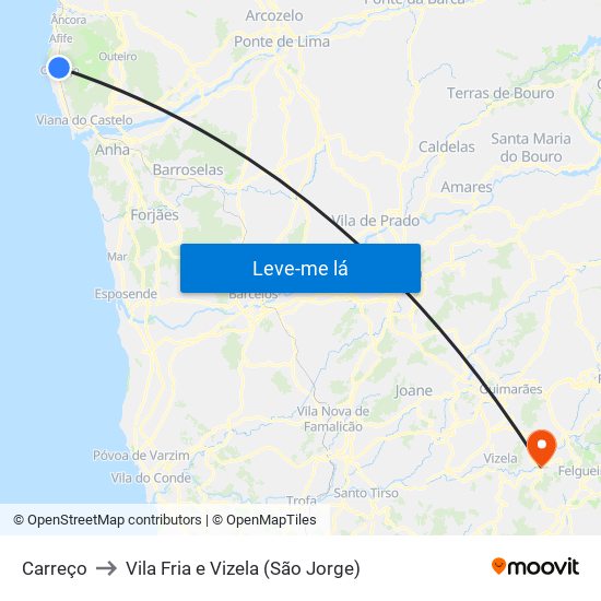 Carreço to Vila Fria e Vizela (São Jorge) map