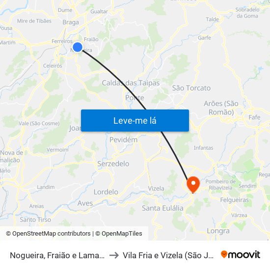 Nogueira, Fraião e Lamaçães to Vila Fria e Vizela (São Jorge) map
