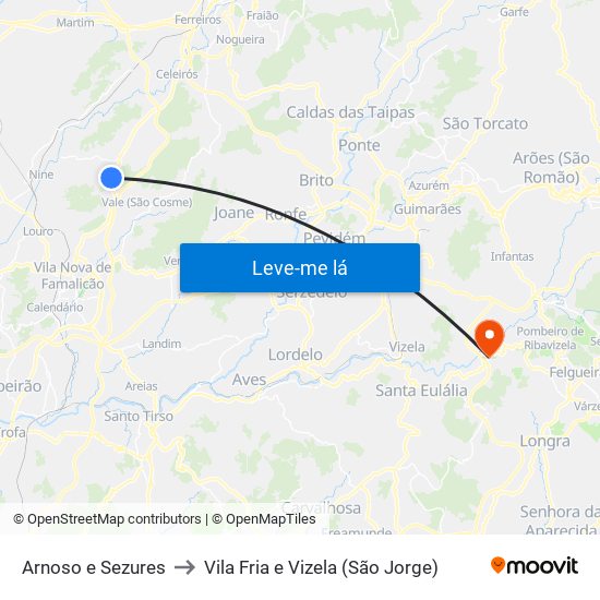 Arnoso e Sezures to Vila Fria e Vizela (São Jorge) map