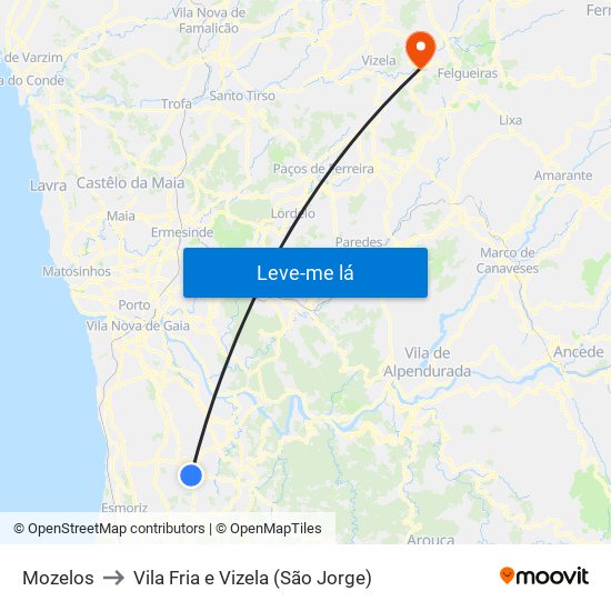 Mozelos to Vila Fria e Vizela (São Jorge) map