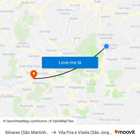 Silvares (São Martinho) to Vila Fria e Vizela (São Jorge) map