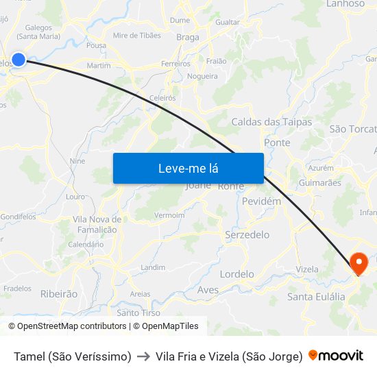 Tamel (São Veríssimo) to Vila Fria e Vizela (São Jorge) map