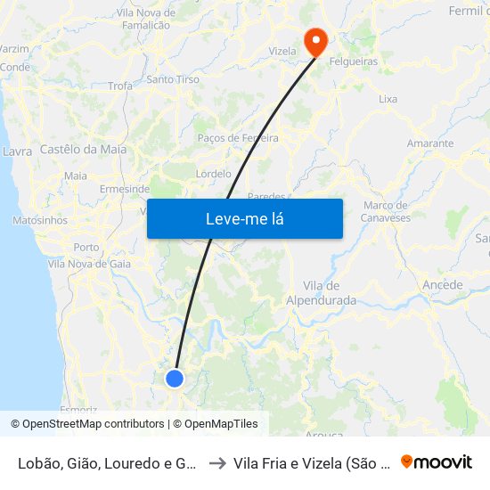 Lobão, Gião, Louredo e Guisande to Vila Fria e Vizela (São Jorge) map