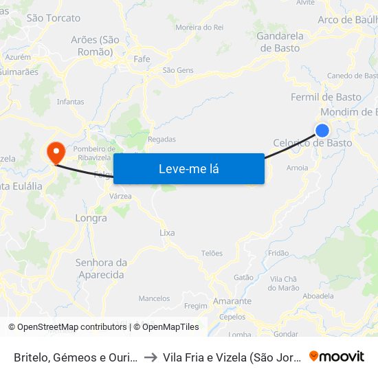 Britelo, Gémeos e Ourilhe to Vila Fria e Vizela (São Jorge) map