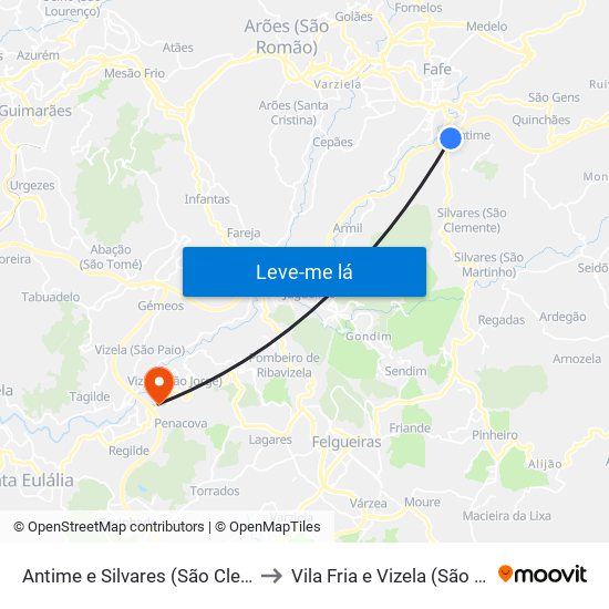 Antime e Silvares (São Clemente) to Vila Fria e Vizela (São Jorge) map