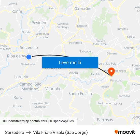 Serzedelo to Vila Fria e Vizela (São Jorge) map