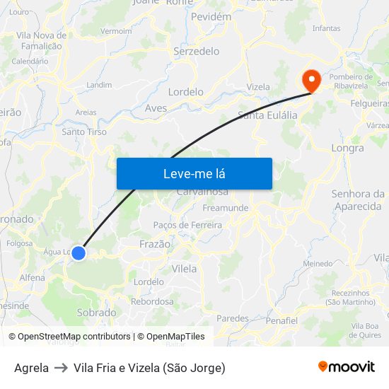 Agrela to Vila Fria e Vizela (São Jorge) map