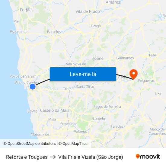 Retorta e Tougues to Vila Fria e Vizela (São Jorge) map