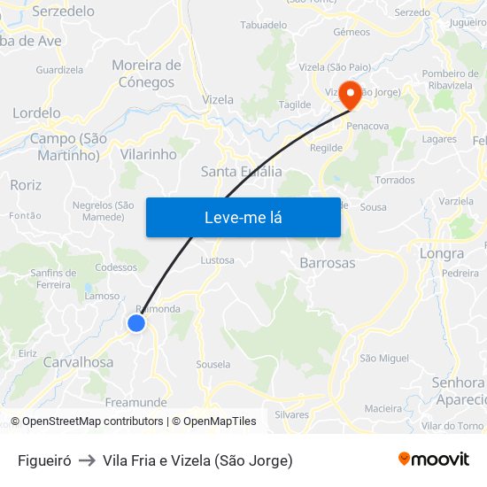 Figueiró to Vila Fria e Vizela (São Jorge) map