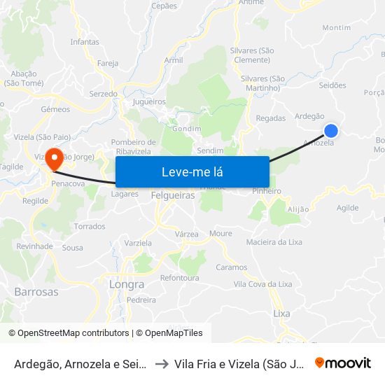 Ardegão, Arnozela e Seidões to Vila Fria e Vizela (São Jorge) map