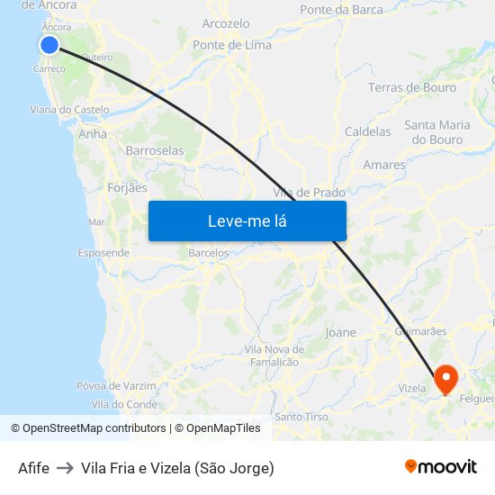 Afife to Vila Fria e Vizela (São Jorge) map