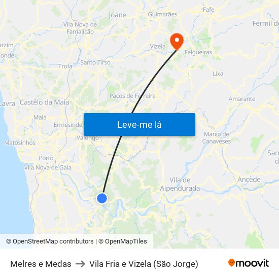 Melres e Medas to Vila Fria e Vizela (São Jorge) map