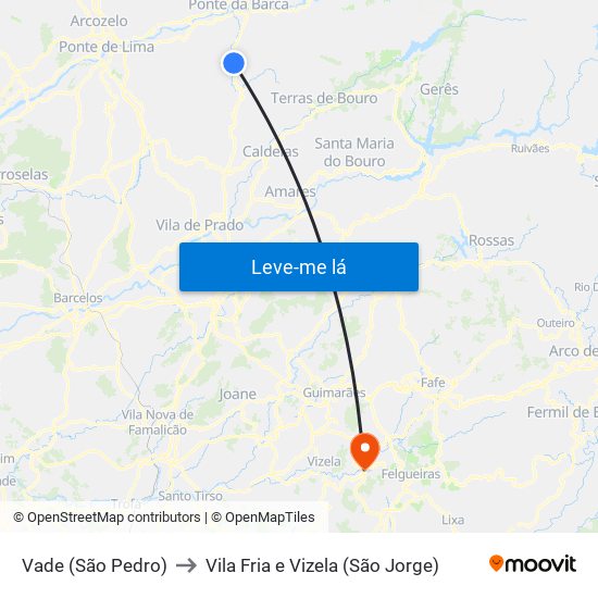 Vade (São Pedro) to Vila Fria e Vizela (São Jorge) map