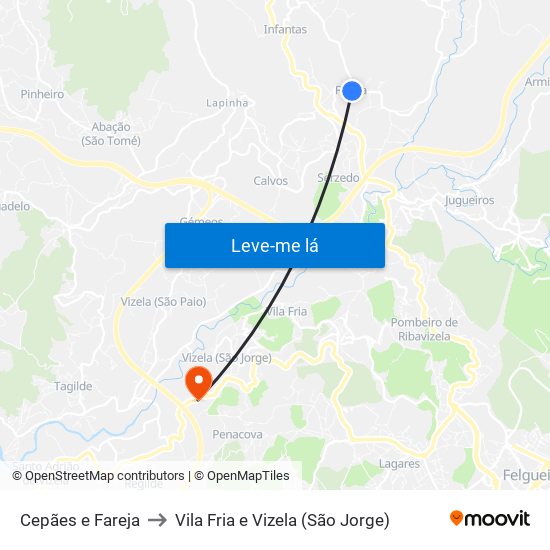 Cepães e Fareja to Vila Fria e Vizela (São Jorge) map