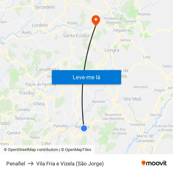 Penafiel to Vila Fria e Vizela (São Jorge) map