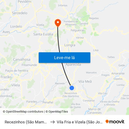 Recezinhos (São Mamede) to Vila Fria e Vizela (São Jorge) map