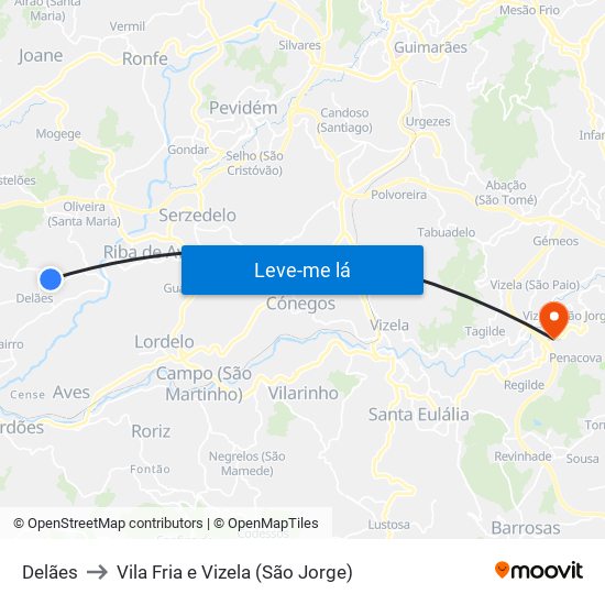 Delães to Vila Fria e Vizela (São Jorge) map
