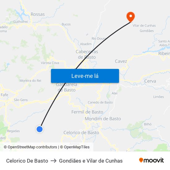 Celorico De Basto to Gondiães e Vilar de Cunhas map