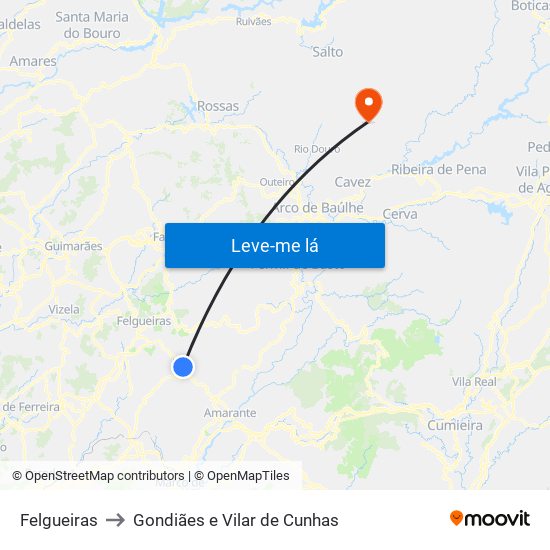 Felgueiras to Gondiães e Vilar de Cunhas map