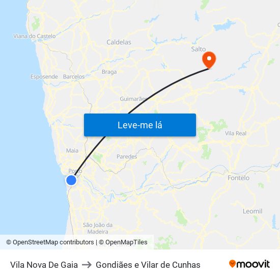 Vila Nova De Gaia to Gondiães e Vilar de Cunhas map