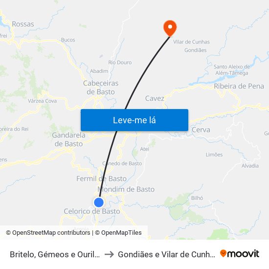 Britelo, Gémeos e Ourilhe to Gondiães e Vilar de Cunhas map