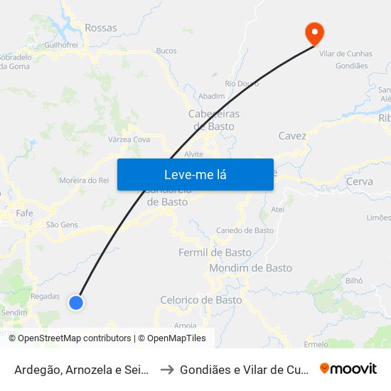 Ardegão, Arnozela e Seidões to Gondiães e Vilar de Cunhas map