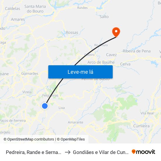 Pedreira, Rande e Sernande to Gondiães e Vilar de Cunhas map