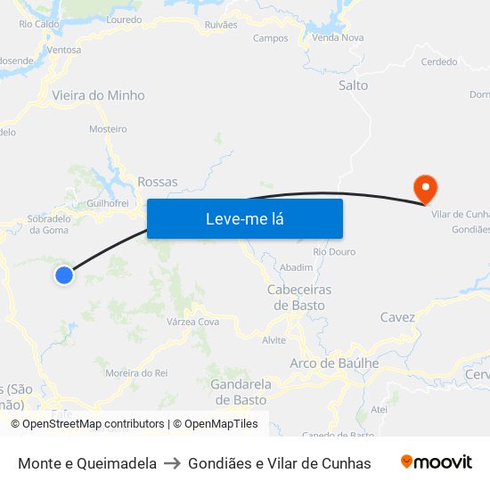 Monte e Queimadela to Gondiães e Vilar de Cunhas map