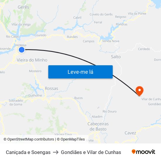 Caniçada e Soengas to Gondiães e Vilar de Cunhas map