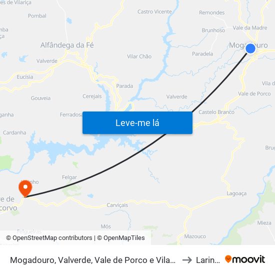 Mogadouro, Valverde, Vale de Porco e Vilar de Rei to Larinho map