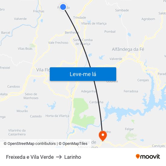 Freixeda e Vila Verde to Larinho map