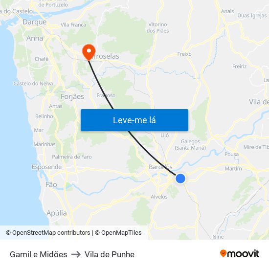 Gamil e Midões to Vila de Punhe map