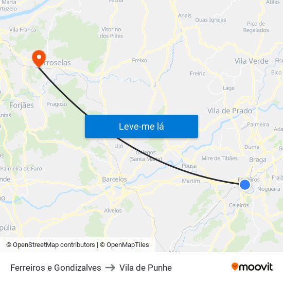 Ferreiros e Gondizalves to Vila de Punhe map