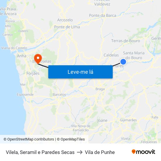 Vilela, Seramil e Paredes Secas to Vila de Punhe map