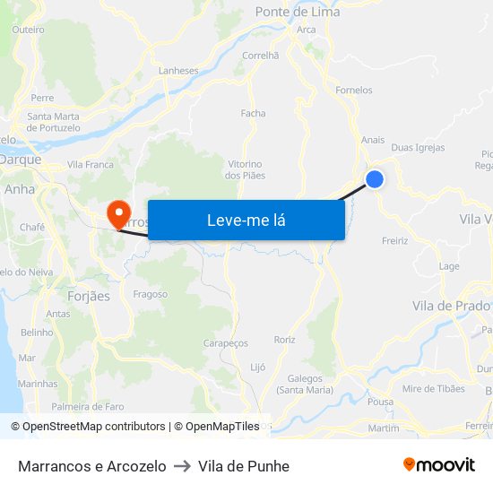 Marrancos e Arcozelo to Vila de Punhe map