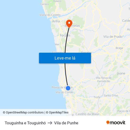 Touguinha e Touguinhó to Vila de Punhe map