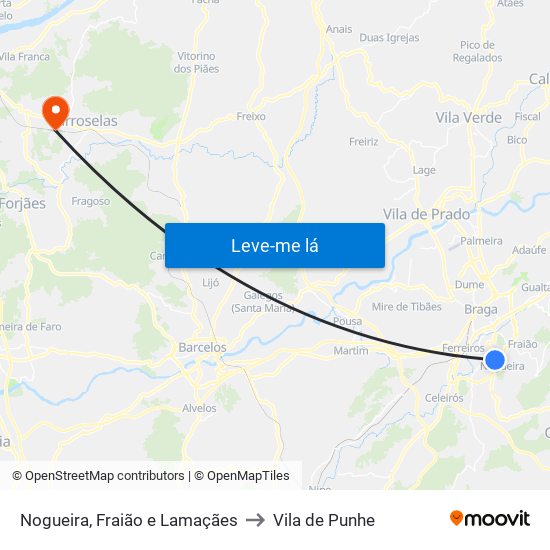 Nogueira, Fraião e Lamaçães to Vila de Punhe map