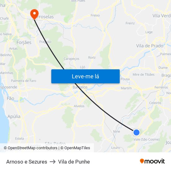 Arnoso e Sezures to Vila de Punhe map
