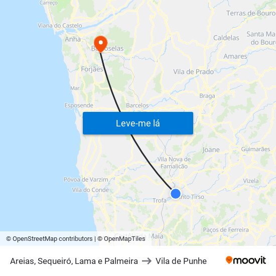 Areias, Sequeiró, Lama e Palmeira to Vila de Punhe map