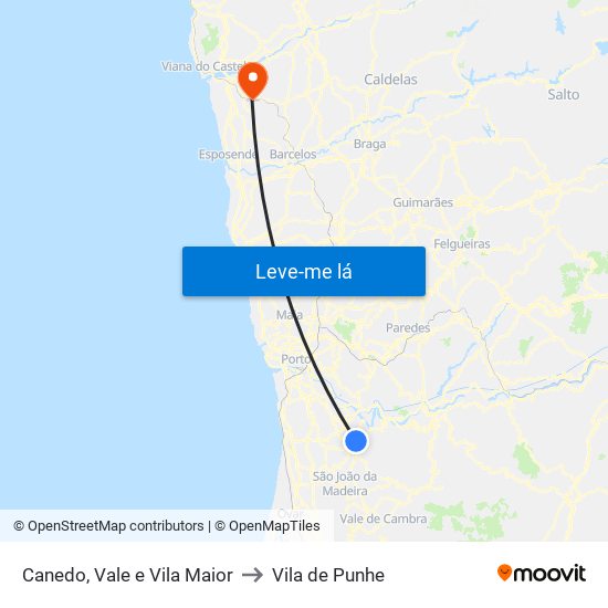 Canedo, Vale e Vila Maior to Vila de Punhe map
