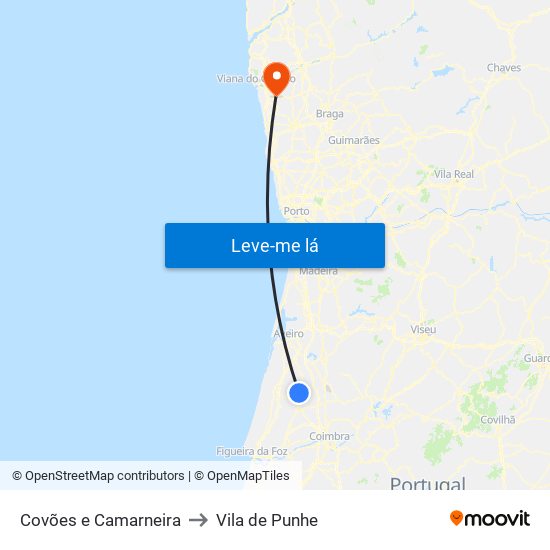 Covões e Camarneira to Vila de Punhe map