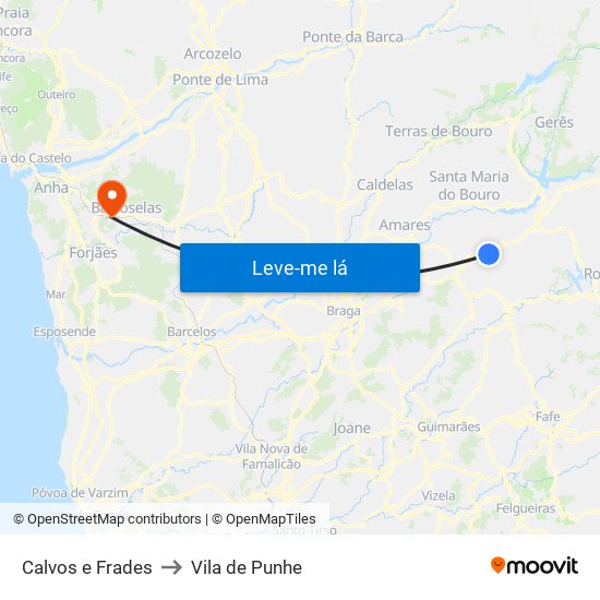 Calvos e Frades to Vila de Punhe map
