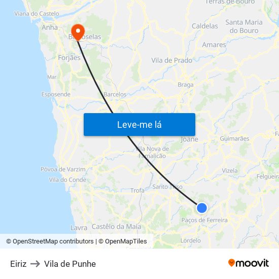 Eiriz to Vila de Punhe map