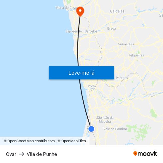 Ovar to Vila de Punhe map