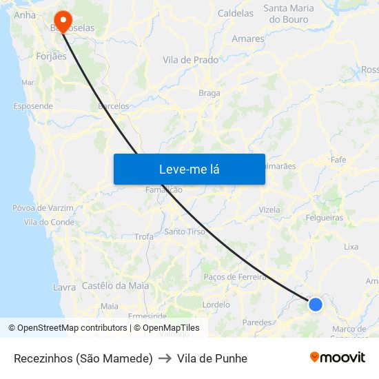Recezinhos (São Mamede) to Vila de Punhe map