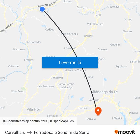 Carvalhais to Ferradosa e Sendim da Serra map